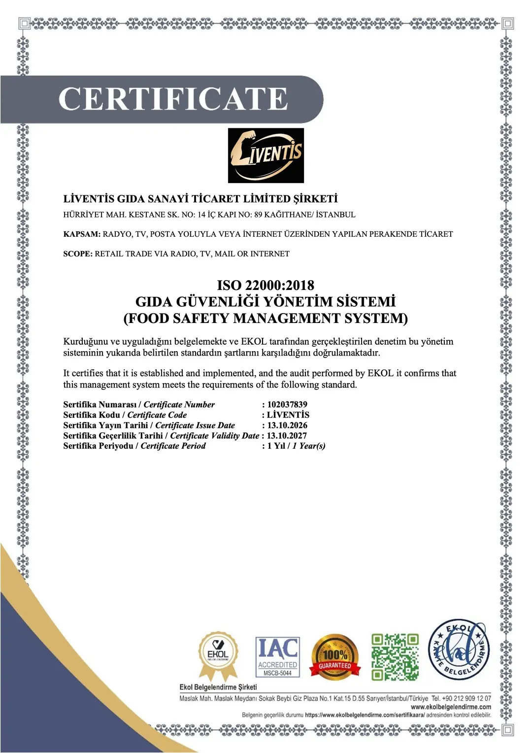 ISO 22000:2018 Gıda Güvenliği Yönetim Sistemi