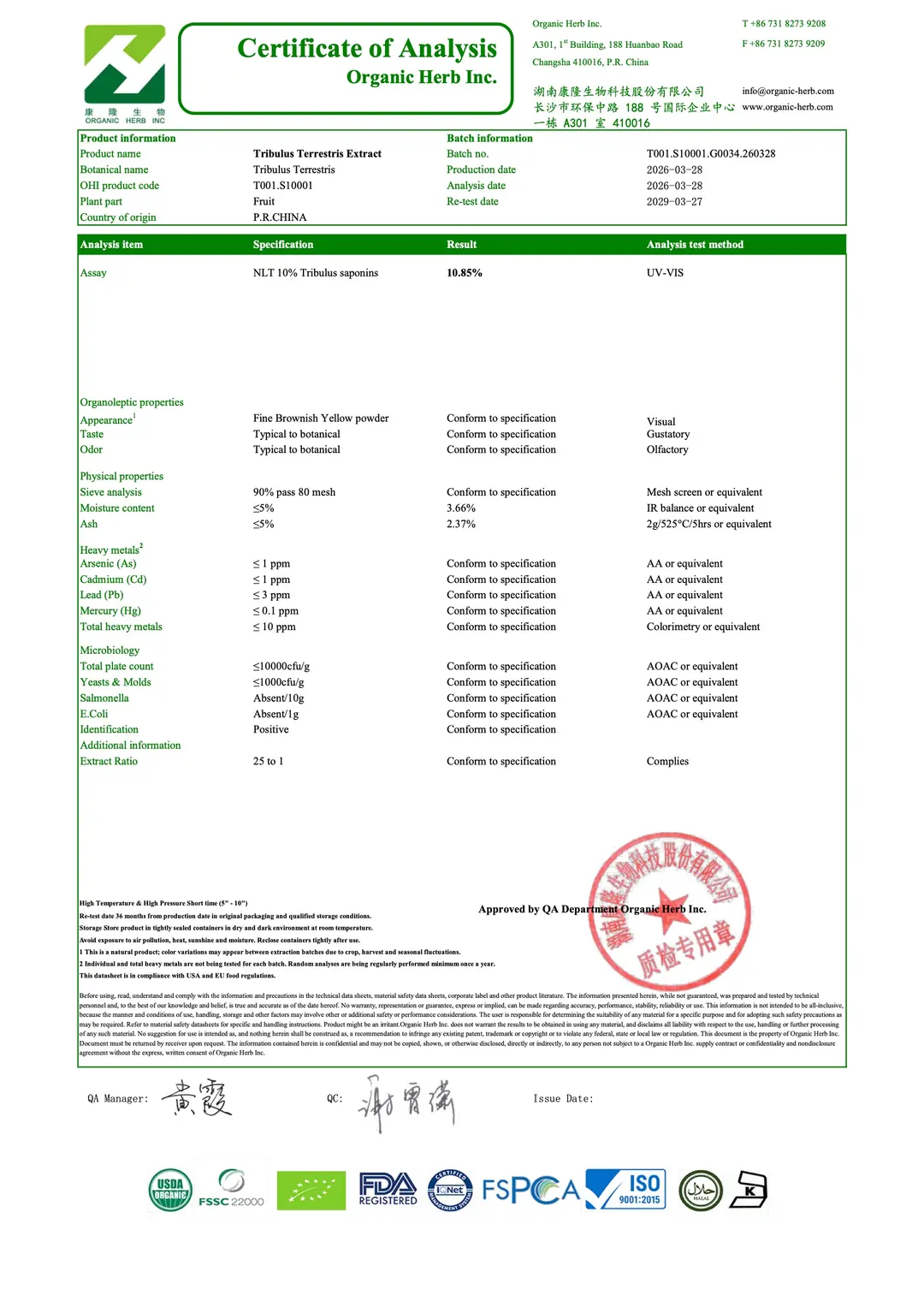Tribulus %10 Analiz Raporu